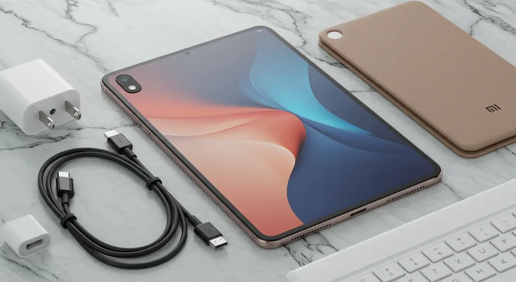 Fx Xiaomi Mi Pad in an elegant tech flat lay arrangement with premium cables adapters and accessories on marble background 4