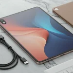 Fx Xiaomi Mi Pad in an elegant tech flat lay arrangement with premium cables adapters and accessories on marble background 4