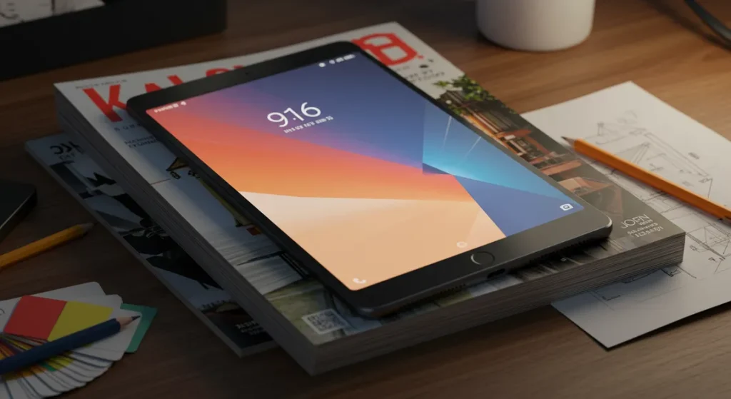 Fx Xiaomi Mi Pad lying on a stack of design magazines with creative workspace elements and artistic lighting 2