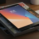 Fx Xiaomi Mi Pad lying on a stack of design magazines with creative workspace elements and artistic lighting 2