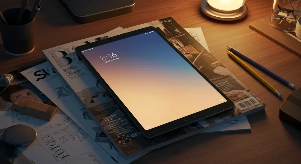 Fx Xiaomi Mi Pad lying on a stack of design magazines with creative workspace elements and artistic lighting 3