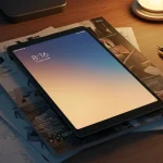 Fx Xiaomi Mi Pad lying on a stack of design magazines with creative workspace elements and artistic lighting 3