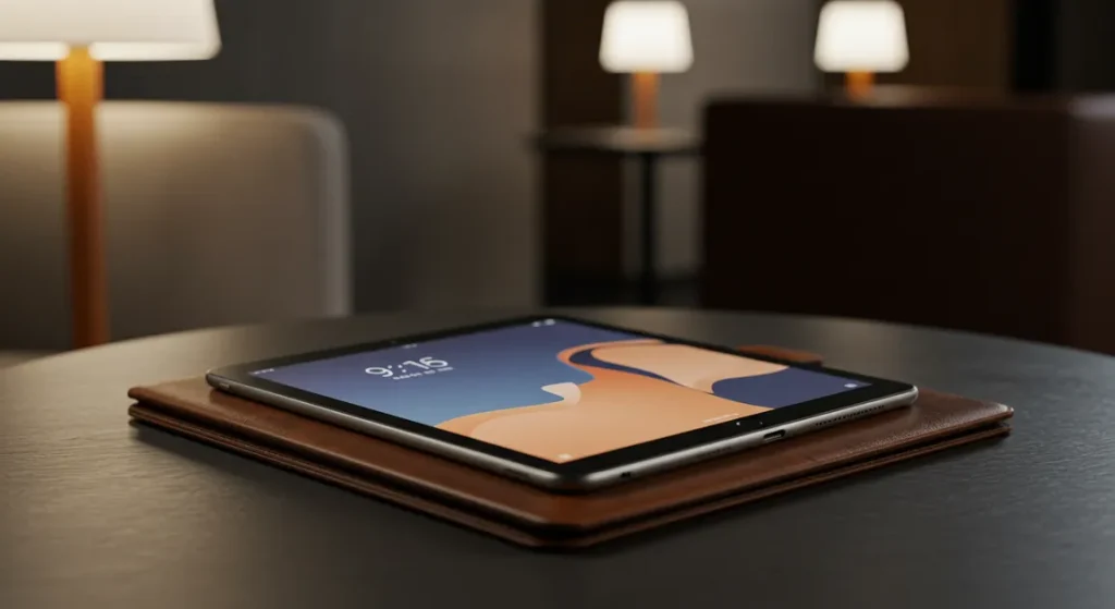 Fx Xiaomi Mi Pad placed on a leather portfolio case in a business setting with soft ambient lighting and professional atmosphere 1