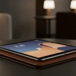 Fx Xiaomi Mi Pad placed on a leather portfolio case in a business setting with soft ambient lighting and professional atmosphere 1