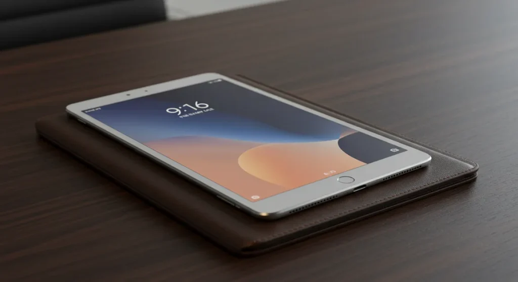 Fx Xiaomi Mi Pad placed on a leather portfolio case in a business setting with soft ambient lighting and professional atmosphere 2