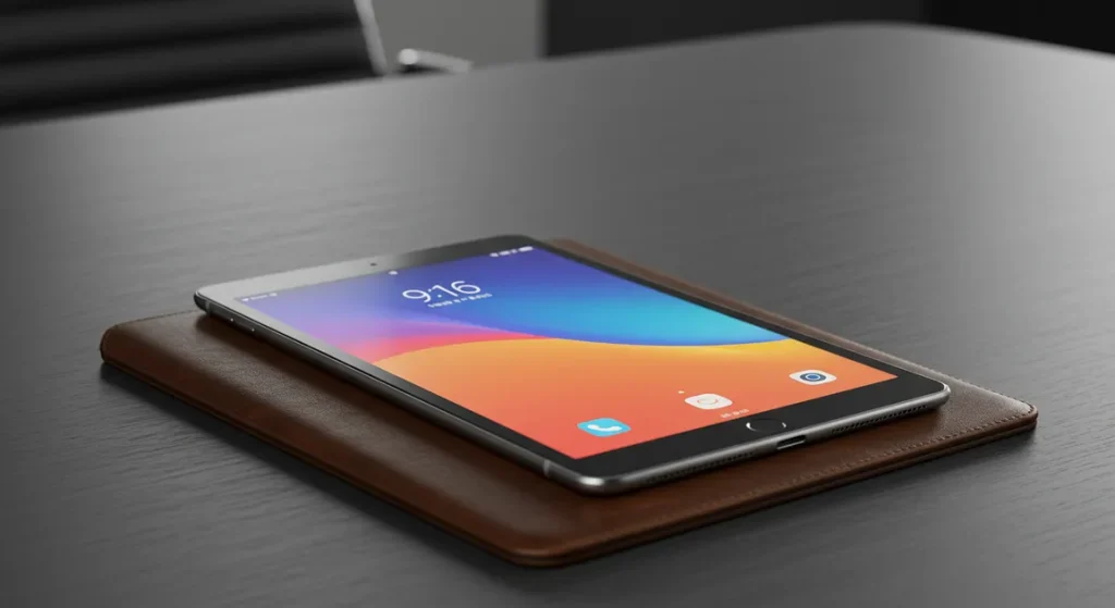 Fx Xiaomi Mi Pad placed on a leather portfolio case in a business setting with soft ambient lighting and professional atmosphere 3