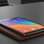 Fx Xiaomi Mi Pad placed on a leather portfolio case in a business setting with soft ambient lighting and professional atmosphere 3