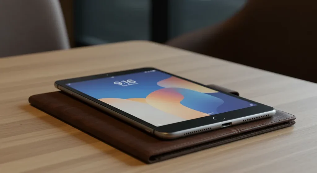 Fx Xiaomi Mi Pad placed on a leather portfolio case in a business setting with soft ambient lighting and professional atmosphere 4