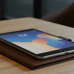 Fx Xiaomi Mi Pad placed on a leather portfolio case in a business setting with soft ambient lighting and professional atmosphere 4
