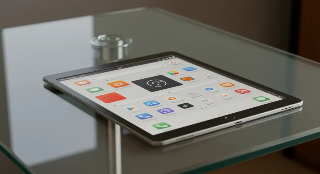 Fx Xiaomi Mi Pad tablet displaying a productivity app interface while positioned on a contemporary glass desk with natural daylight 1