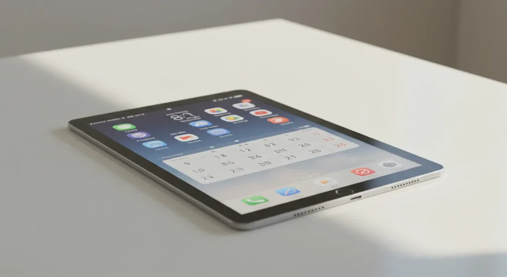 Fx Xiaomi Mi Pad tablet displaying a productivity app interface while positioned on a contemporary glass desk with natural daylight 2