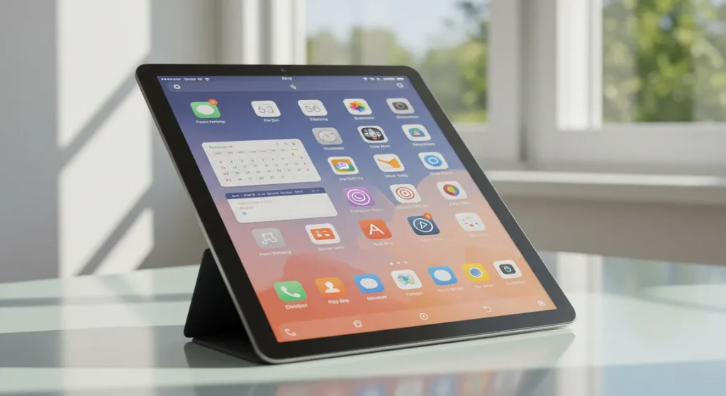 Fx Xiaomi Mi Pad tablet displaying a productivity app interface while positioned on a contemporary glass desk with natural daylight 3