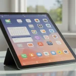 Fx Xiaomi Mi Pad tablet displaying a productivity app interface while positioned on a contemporary glass desk with natural daylight 3