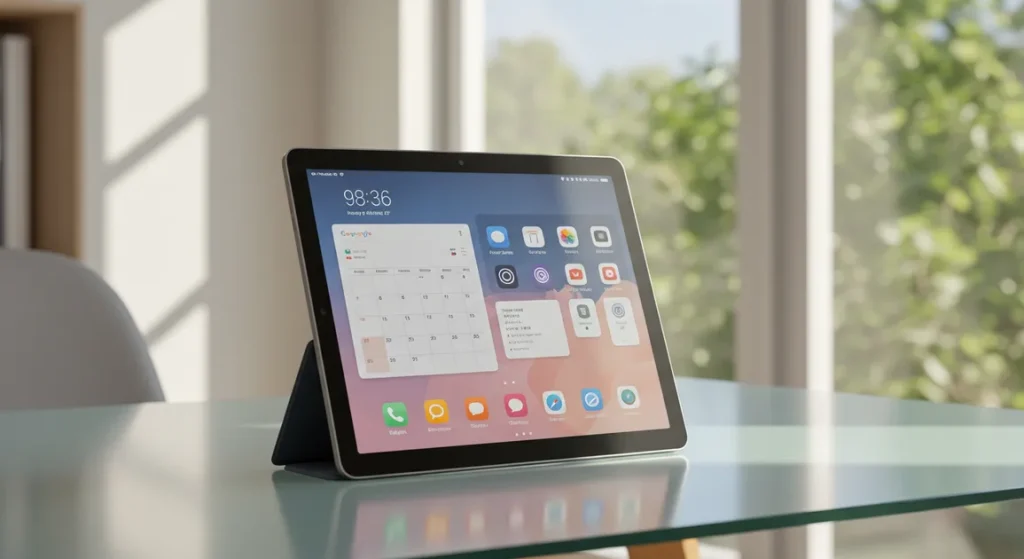 Fx Xiaomi Mi Pad tablet displaying a productivity app interface while positioned on a contemporary glass desk with natural daylight 4