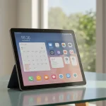 Fx Xiaomi Mi Pad tablet displaying a productivity app interface while positioned on a contemporary glass desk with natural daylight 4
