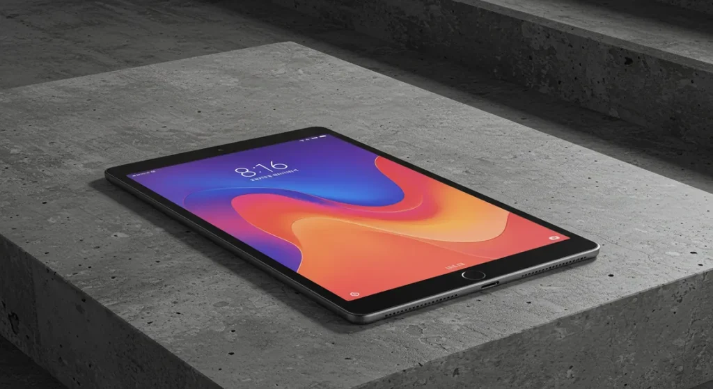 Fx Xiaomi Mi Pad tablet displaying vibrant content while placed on a contemporary concrete surface with industrial aesthetic 3