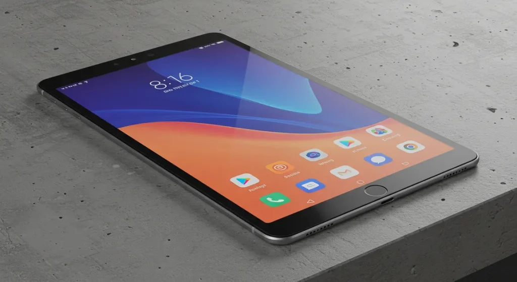 Fx Xiaomi Mi Pad tablet displaying vibrant content while placed on a contemporary concrete surface with industrial aesthetic 4