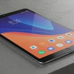 Fx Xiaomi Mi Pad tablet displaying vibrant content while placed on a contemporary concrete surface with industrial aesthetic 4
