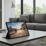 Fx Xiaomi Mi Pad tablet in landscape orientation displaying multimedia content on a coffee table in a modern living room setup 1