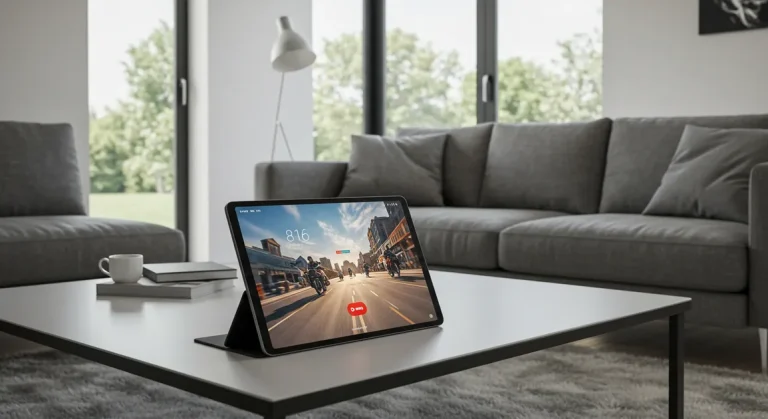 Fx Xiaomi Mi Pad tablet in landscape orientation displaying multimedia content on a coffee table in a modern living room setup 1