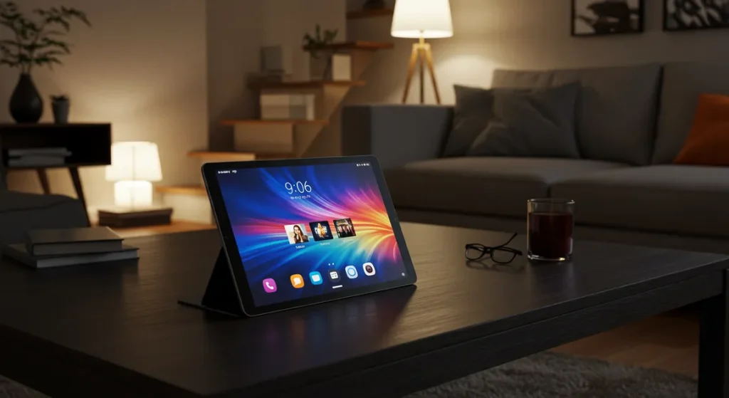 Fx Xiaomi Mi Pad tablet in landscape orientation displaying multimedia content on a coffee table in a modern living room setup 2