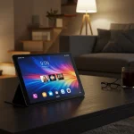 Fx Xiaomi Mi Pad tablet in landscape orientation displaying multimedia content on a coffee table in a modern living room setup 2