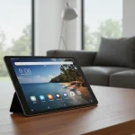 Fx Xiaomi Mi Pad tablet in landscape orientation displaying multimedia content on a coffee table in a modern living room setup 3
