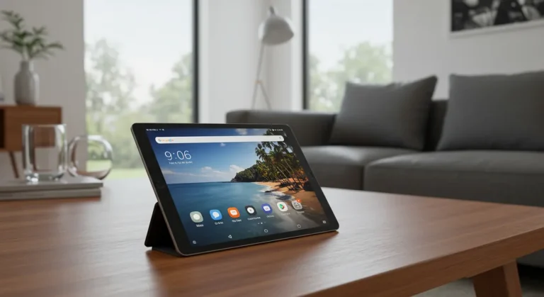 Fx Xiaomi Mi Pad tablet in landscape orientation displaying multimedia content on a coffee table in a modern living room setup 3