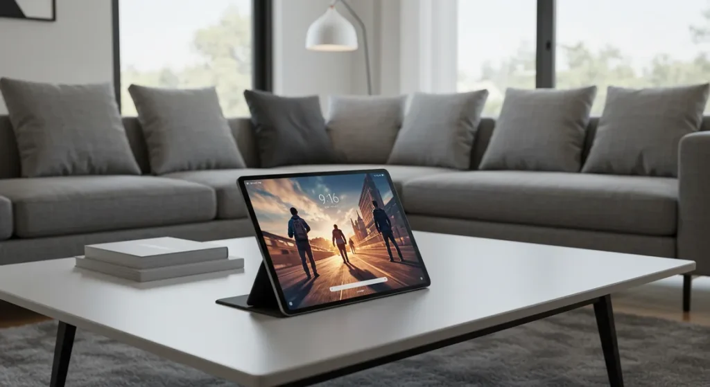 Fx Xiaomi Mi Pad tablet in landscape orientation displaying multimedia content on a coffee table in a modern living room setup 4