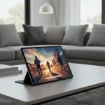 Fx Xiaomi Mi Pad tablet in landscape orientation displaying multimedia content on a coffee table in a modern living room setup 4