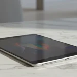 Fx Xiaomi Mi Pad tablet lying flat on a marble surface with minimalist background showcasing the devices thin profile and modern aesthetic 1