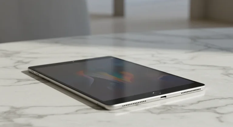 Fx Xiaomi Mi Pad tablet lying flat on a marble surface with minimalist background showcasing the devices thin profile and modern aesthetic 1