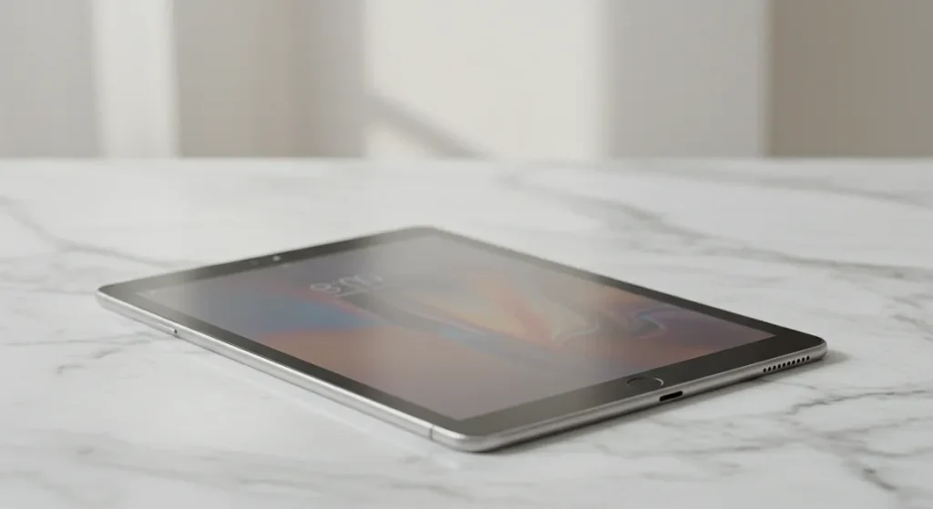 Fx Xiaomi Mi Pad tablet lying flat on a marble surface with minimalist background showcasing the devices thin profile and modern aesthetic 2