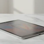 Fx Xiaomi Mi Pad tablet lying flat on a marble surface with minimalist background showcasing the devices thin profile and modern aesthetic 2