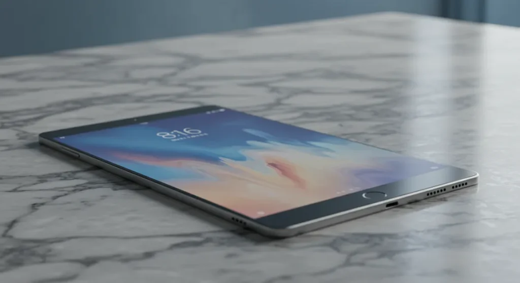 Fx Xiaomi Mi Pad tablet lying flat on a marble surface with minimalist background showcasing the devices thin profile and modern aesthetic 3