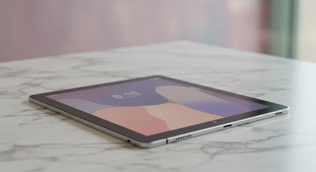 Fx Xiaomi Mi Pad tablet lying flat on a marble surface with minimalist background showcasing the devices thin profile and modern aesthetic 4