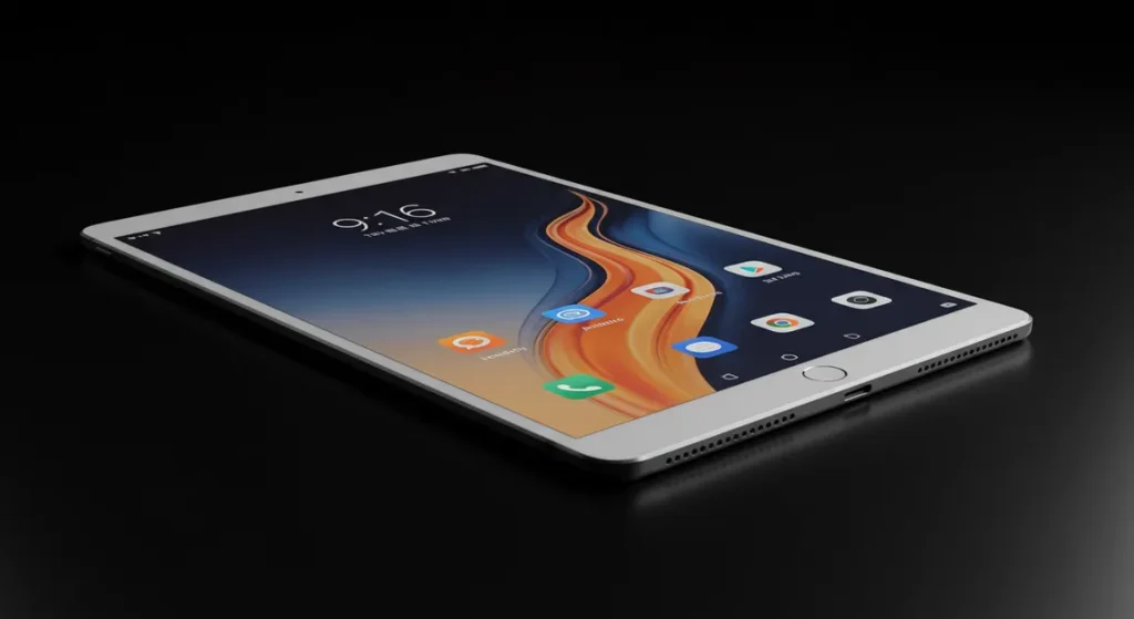 Fx Xiaomi Mi Pad tablet positioned at an artistic angle on a reflective black surface with dramatic studio lighting creating elegant reflections 1