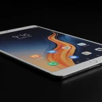 Fx Xiaomi Mi Pad tablet positioned at an artistic angle on a reflective black surface with dramatic studio lighting creating elegant reflections 1