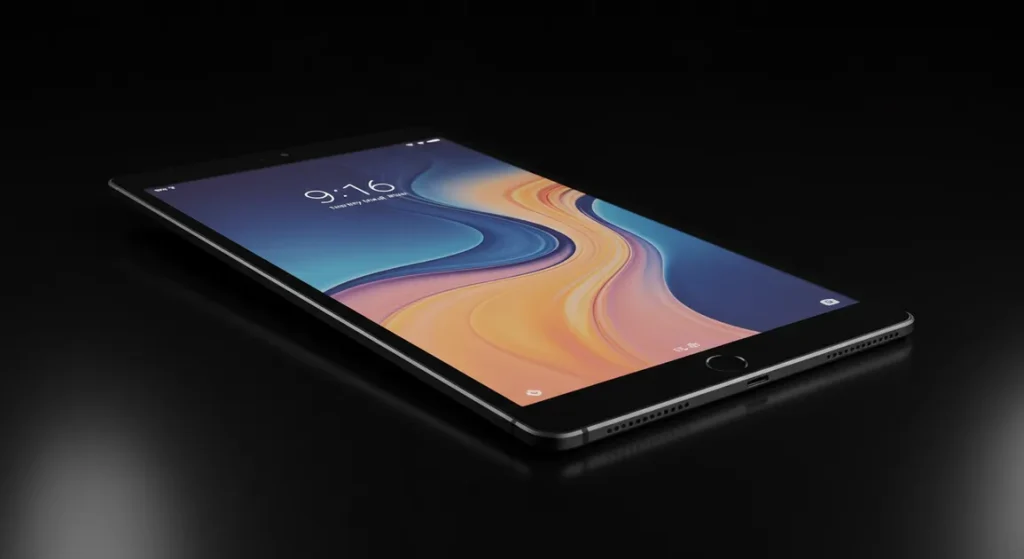 Fx Xiaomi Mi Pad tablet positioned at an artistic angle on a reflective black surface with dramatic studio lighting creating elegant reflections 2