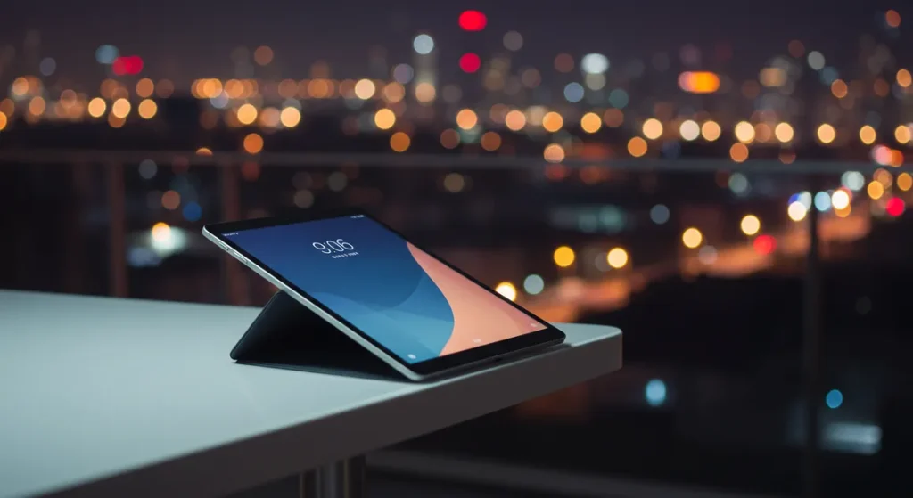 Fx Xiaomi Mi Pad tablet positioned at the edge of a modern glass table with city skyline blurred in the background 2
