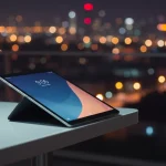 Fx Xiaomi Mi Pad tablet positioned at the edge of a modern glass table with city skyline blurred in the background 2