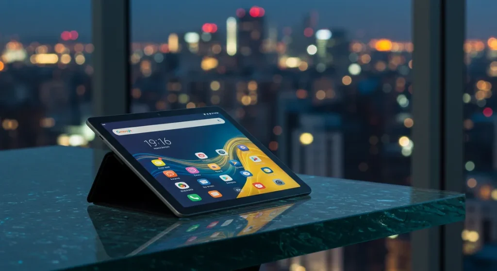 Fx Xiaomi Mi Pad tablet positioned at the edge of a modern glass table with city skyline blurred in the background 3