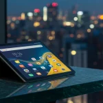 Fx Xiaomi Mi Pad tablet positioned at the edge of a modern glass table with city skyline blurred in the background 3