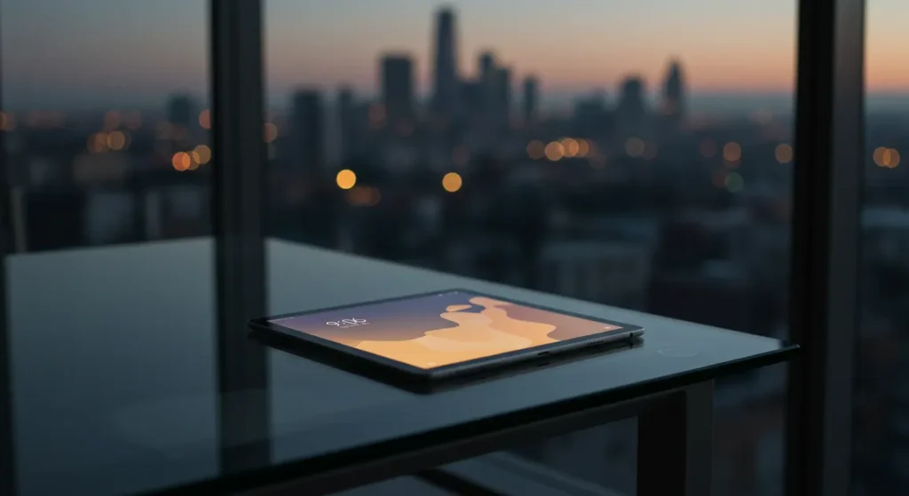 Fx Xiaomi Mi Pad tablet positioned at the edge of a modern glass table with city skyline blurred in the background 4