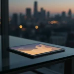 Fx Xiaomi Mi Pad tablet positioned at the edge of a modern glass table with city skyline blurred in the background 4