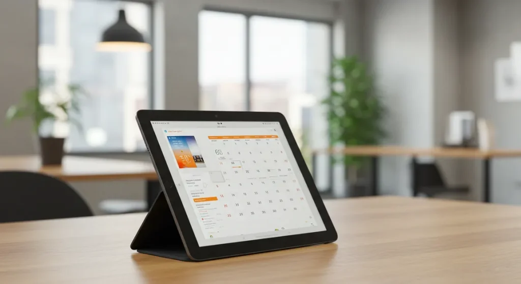 Fx Xiaomi Mi Pad tablet standing upright using a kickstand on a wooden table in a modern office environment with blurred background 1