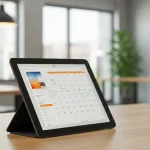 Fx Xiaomi Mi Pad tablet standing upright using a kickstand on a wooden table in a modern office environment with blurred background 1