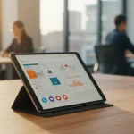 Fx Xiaomi Mi Pad tablet standing upright using a kickstand on a wooden table in a modern office environment with blurred background 3
