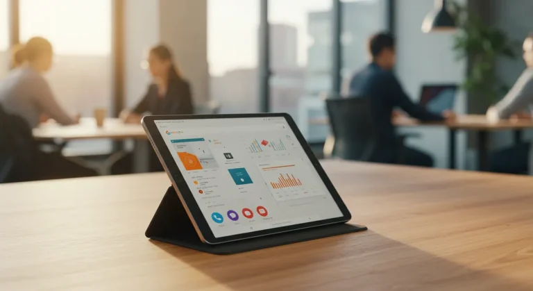 Fx Xiaomi Mi Pad tablet standing upright using a kickstand on a wooden table in a modern office environment with blurred background 3
