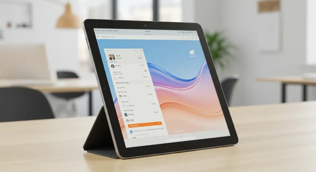 Fx Xiaomi Mi Pad tablet standing upright using a kickstand on a wooden table in a modern office environment with blurred background 4